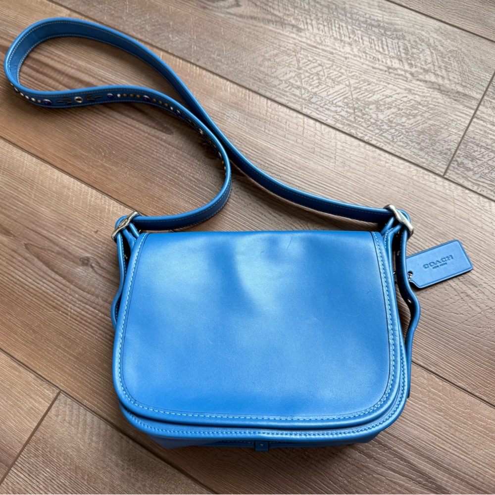 COACH F59380 STUDDED STRAP PATRICIA SADDLE BAG 23 LEATHER Lapis Blue